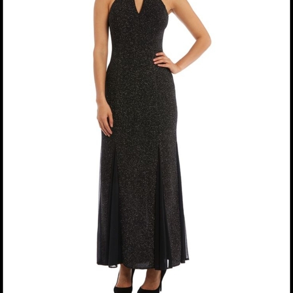 Nightway Black/BlueDress With Metallic Stripes Embellished Halter Maxi Gown 10 - Picture 7 of 12